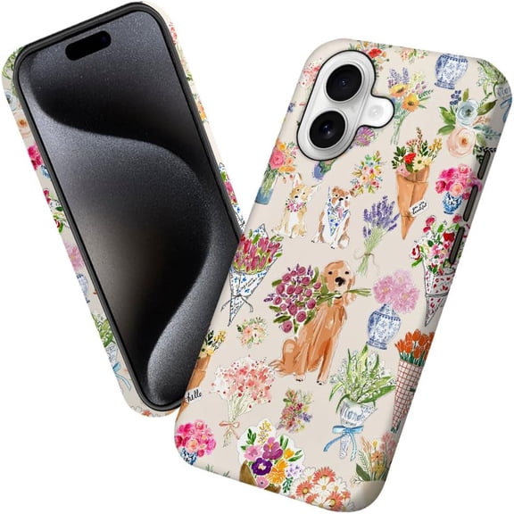 Case for iPhone 17, Watercolor Floral Bouquet Dog Phone Case Military-Grade Drop Protection Cover for Women Girl - Frosted