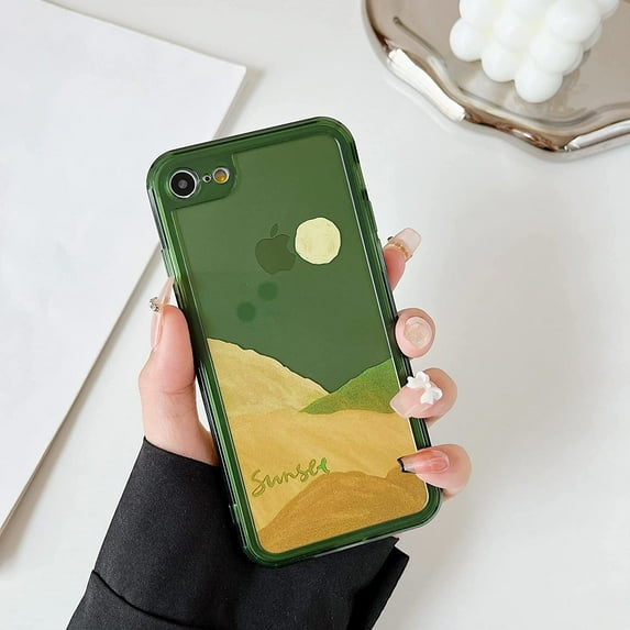 Case for iPhone 7/8/SE 4.7 inch, Clear Soft Bumper Protective Retro Color Snow Mountain Moon Transparent Phone Case - Green