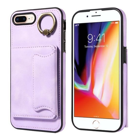 Case for iPhone 7 Plus, PU Leather 3 Card Slots with Finger Ring Holder Shockproof Phone Case