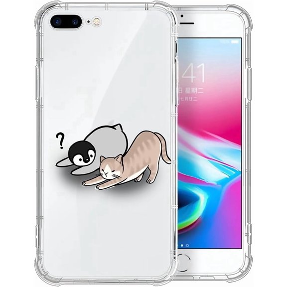 Case for iPhone 8 Plus/7 Plus Case, Clear Cute Penguin Cat Pattern Graphic Case for Girl Women, Soft Silicone Shock Protection
