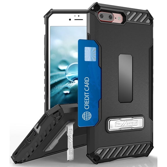 Case for iPhone 8 Plus, Black Tri-Shield Rugged Cover [with Kickstand + Credit Card Wallet Slot + Wrist Strap] for Apple iPhone 8 Plus, iPhone 7 Plus