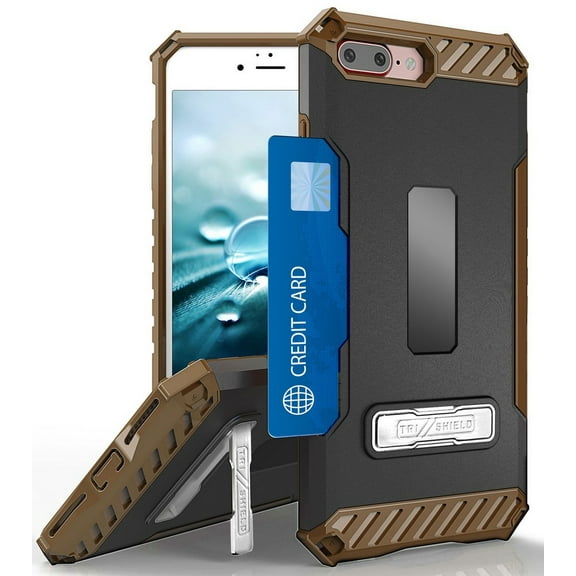 Case for iPhone 8 Plus, Brown Tri-Shield Rugged Cover [with Kickstand + Credit Card Wallet Slot + Wrist Strap] for Apple iPhone 8 Plus, iPhone 7 Plus