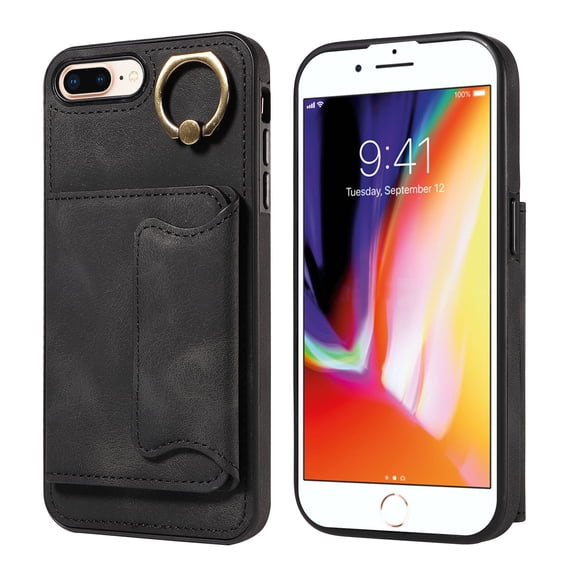 Case for iPhone 8 Plus, PU Leather 3 Card Slots with Finger Ring Holder Shockproof Phone Case