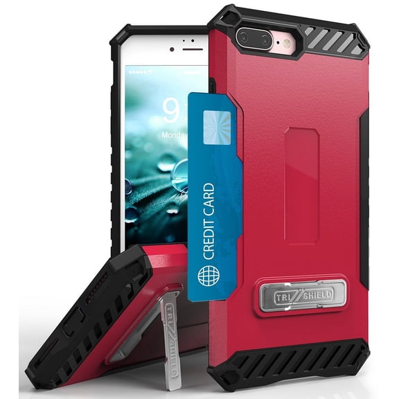 Case for iPhone 8 Plus, Tri-Shield Rugged Cover [with Kickstand + Credit Card Wallet Slot + Wrist Strap] for Apple iPhone 8 Plus, iPhone 7 Plus