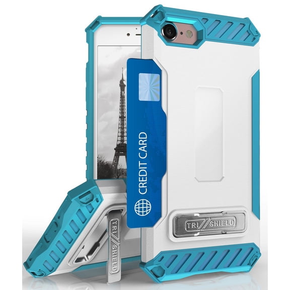 Case for iPhone 8, White/Turquoise Tri-Shield Rugged Cover [with Kickstand + Credit Card Wallet Slot + Wrist Strap] for Apple iPhone 8, iPhone 7