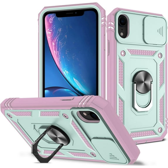Case for iPhone XR, Camera Cover Phone Case with Rotation Ring Stand for Apple iPhone XR - Green Pink