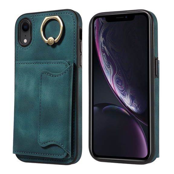 Case for iPhone XR, PU Leather 3 Card Slots with Finger Ring Holder Shockproof Phone Case