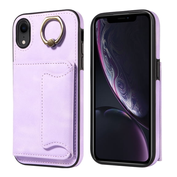 Case for iPhone XR, PU Leather 3 Card Slots with Finger Ring Holder Shockproof Phone Case