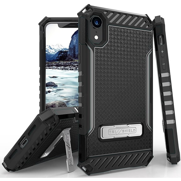 Case for iPhone XR, Black Tri-Shield Rugged Cover [with Metal Kickstand + Wrist Strap Lanyard] for Apple iPhone XR (2018) (Size 6.1" model) (10R)