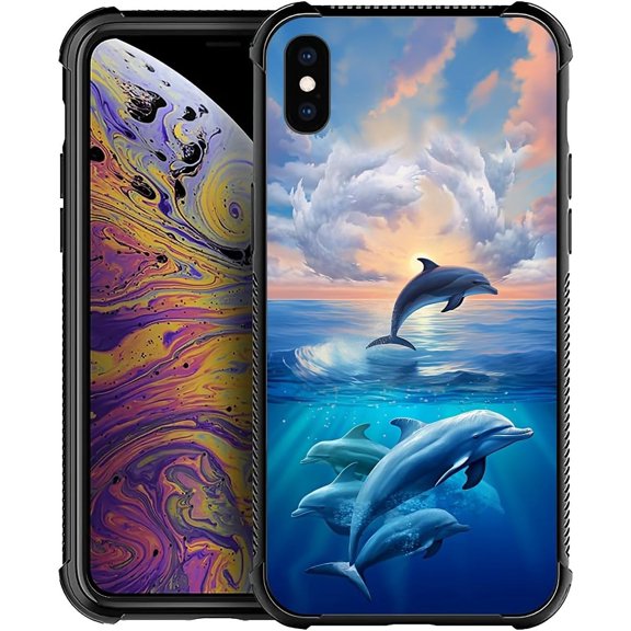 Case for iPhone Xs Max Case, Sunset Dolphin Ocean Pattern Graphic Design Girl Boy Soft Silicone Hard Acrylic Shock Protection Case for iPhone Xs Max