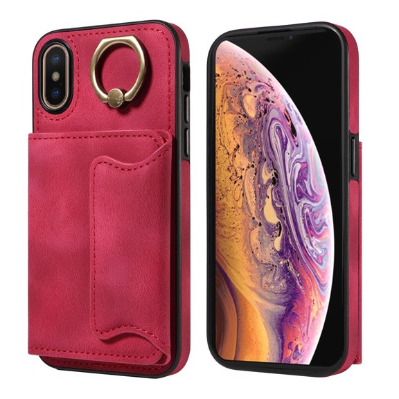 Case for iPhone Xs, PU Leather 3 Card Slots with Finger Ring Holder Shockproof Phone Case