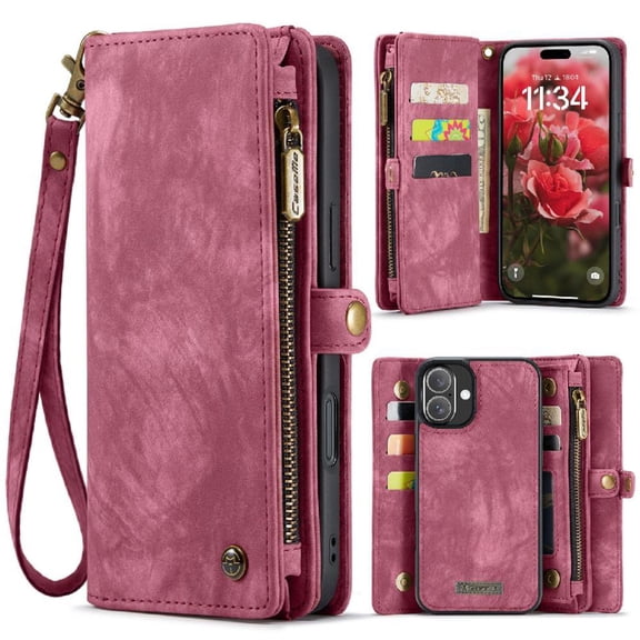 Case for iphone 16 Tpu Pc Handmade Leather Zipper Strong Magnetic Detachable Card Holder Wallet Cover Trifold with