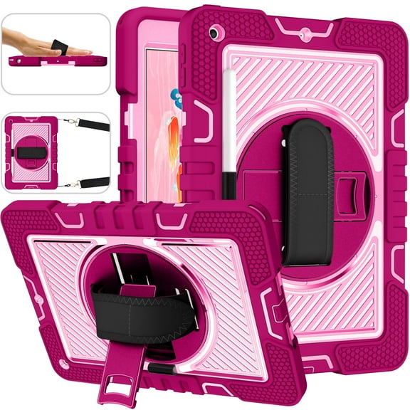 Case for iPad 10.2 (9th/8th/7th Generation, 2021/2020/2019 Release), Kids Friendly Heavy Duty Rugged Shockproof Adjustable Kickstand Full Protective Tablet Cover with Hand/Shoulder Strap, Rose+Pink