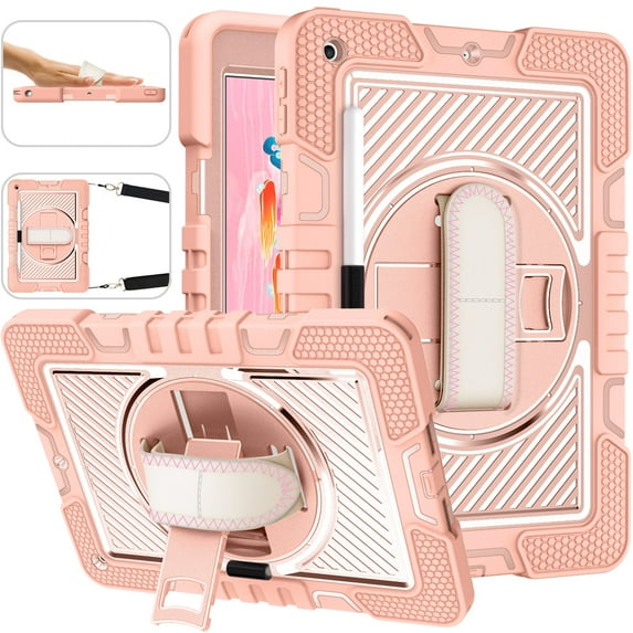 Case for iPad 10.2 (9th/8th/7th Generation, 2021/2020/2019 Release), Kids Friendly Heavy Duty Rugged Shockproof Adjustable Kickstand Full Protective Tablet Cover with Hand/Shoulder Strap, Rose Gold