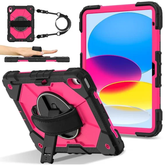 Case for iPad 10.2 inch 2021 2020 2019 9th 8th 7th Generation with Rotating Stand Pencil Holder Hand/Shoulder Strap, Heavy Duty Shockproof Protective Cover