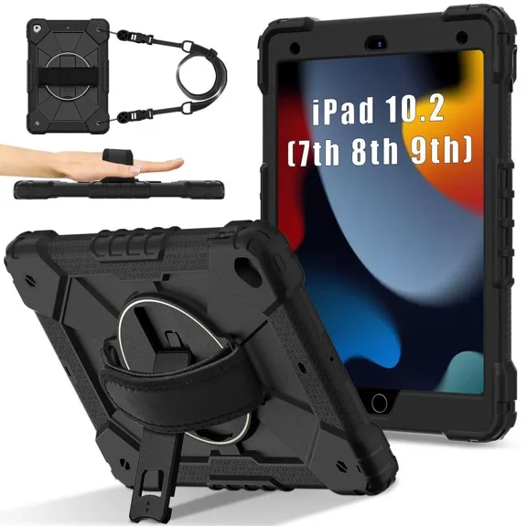 Case for iPad 10.2 inch 2021 2020 2019 9th 8th 7th Generation with Rotating Stand Pencil Holder Hand/Shoulder Strap, Heavy Duty Shockproof Protective Cover