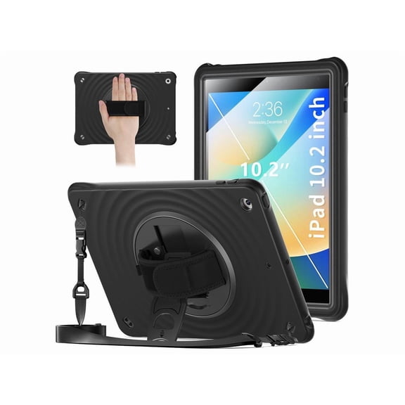 Case for iPad 10.2 inch 9th 8th 7th Generation 2021 2020 2019 with Built-in Screen Protector, 360 Rotating Stand, Adjustable Shoulder Strap, Hand Strap, Pencil Holder