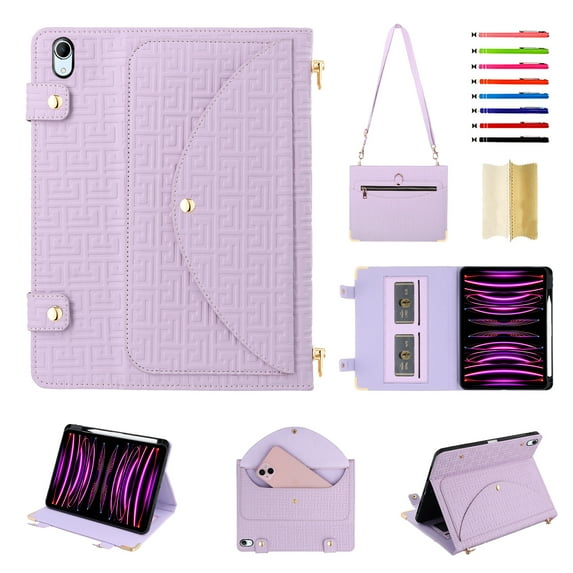Case for iPad 10th Gen 10.9" 2022 (A2757, A2777, A2696), Folio Stand PU Leather Crossbody Strap Cover with Shoulder Strap, Multi-Card Slots Zipper Pocket Pen Slot Envelope Pocket Wallet Case, Purple