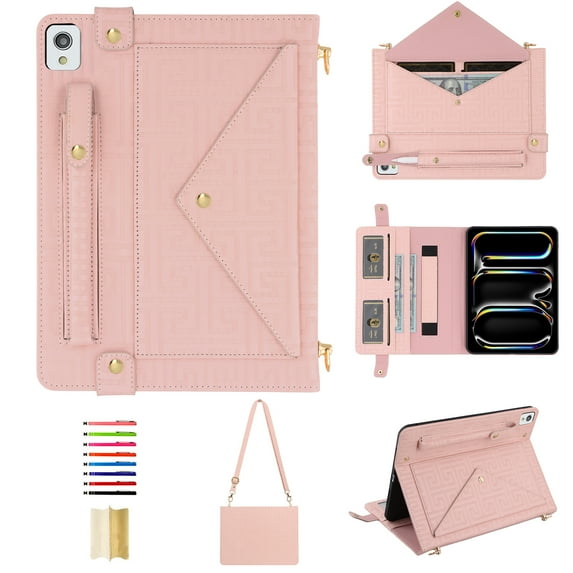 Case for iPad 10th Gen 10.9" 2022 Crossbody Tablet Case with Card Slots & Stand & Shoulder Strap & Wristband & Pencil Holder, Vintage Labyrinth Pattern PU Leather Wallet Envelope Cover, Pink