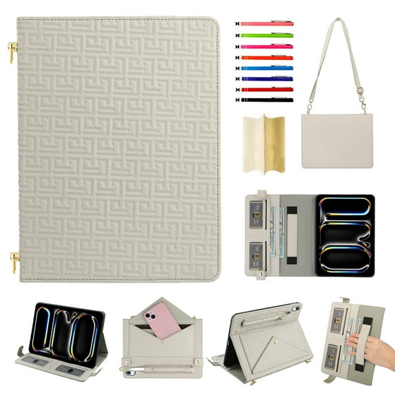 Case for iPad 10th Gen 10.9" 2022, Folio Stand PU Leather Rugged Cover with Shoulder Strap and Handstrap with elastic, Multi-Card Slots Cash Pockets Pen Slot Envelope Pocket Wallet Case, Beige