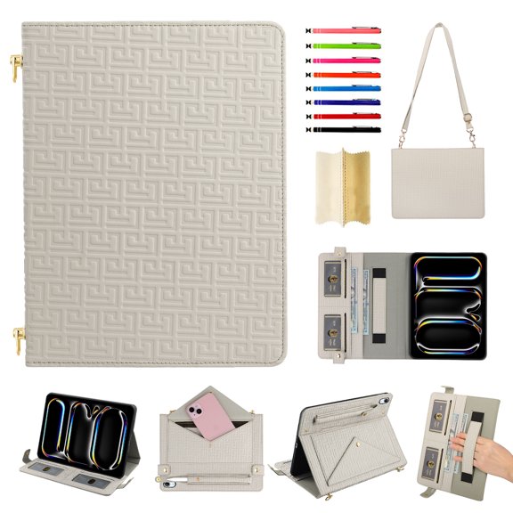 Case for iPad 10th Gen 10.9" 2022, Folio Stand PU Leather Rugged Cover with Shoulder Strap and Handstrap with elastic, Multi-Card Slots Cash Pockets Pen Slot Envelope Pocket Wallet Case, Beige