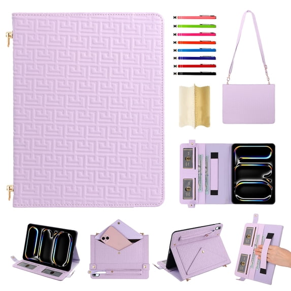 Case for iPad 10th Gen 10.9" 2022, Folio Stand PU Leather Rugged Cover with Shoulder Strap and Handstrap with elastic, Multi-Card Slots Cash Pockets Pen Slot Envelope Pocket Wallet Case, Purple