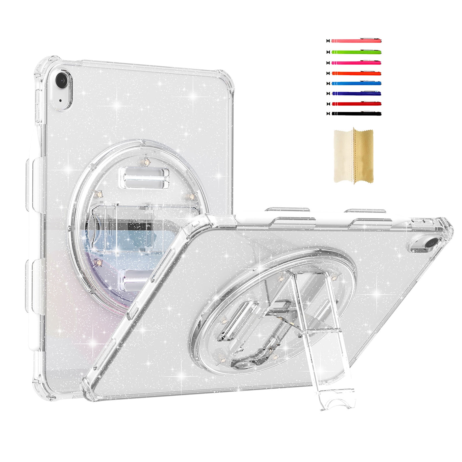 Case for iPad 10th Gen 2022 / iPad (A16) 11th Gen 2025, Sparkle Glitter Drop Protection with Pencil Holder & 360° Rotatable Kickstand & Hand Strap & Tempered Glass Screen Protector, Glitter Clear