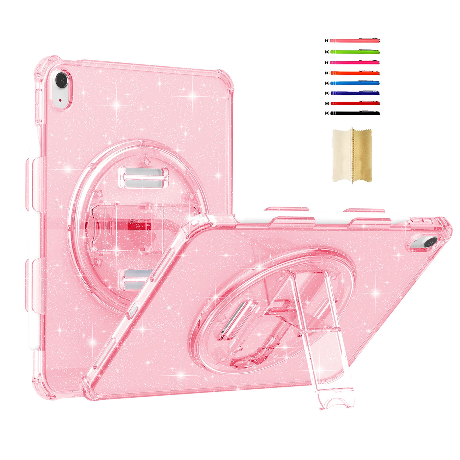 Case for iPad 10th Gen 2022 / iPad (A16) 11th Gen 2025, Sparkle Glitter Drop Protection with Pencil Holder & 360° Rotatable Kickstand & Hand Strap & Tempered Glass Screen Protector, Glitter Pink