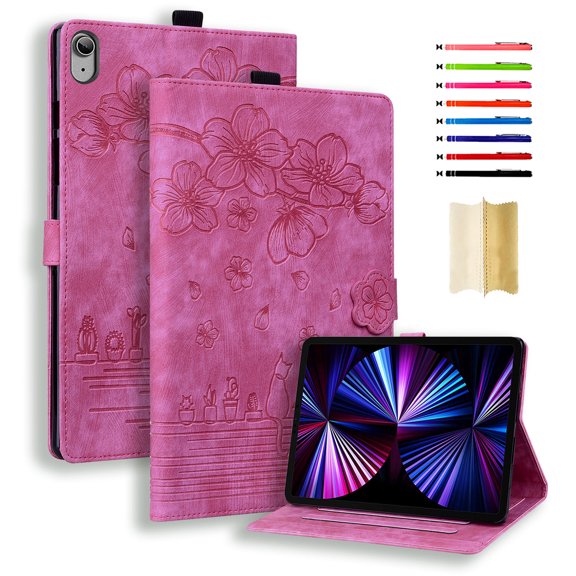 Case for iPad 10th Gen 10.9 Inch 2022, Embossed PU Leather Anti-slip Folio Stand Cover with Card Holder & Pen Holder & Auto Sleep / Wake for iPad 10th Generation - Rose