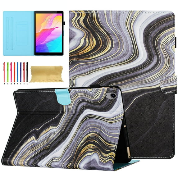 Case for iPad (A16) 11th Gen 2025 / iPad 10th Gen 2022, Marble Pattern PU Leather Cover Case with Pencil Holder & Card Slots, Multi-Angle Viewing Stand with Auto Sleep / Wake - Black/Gold