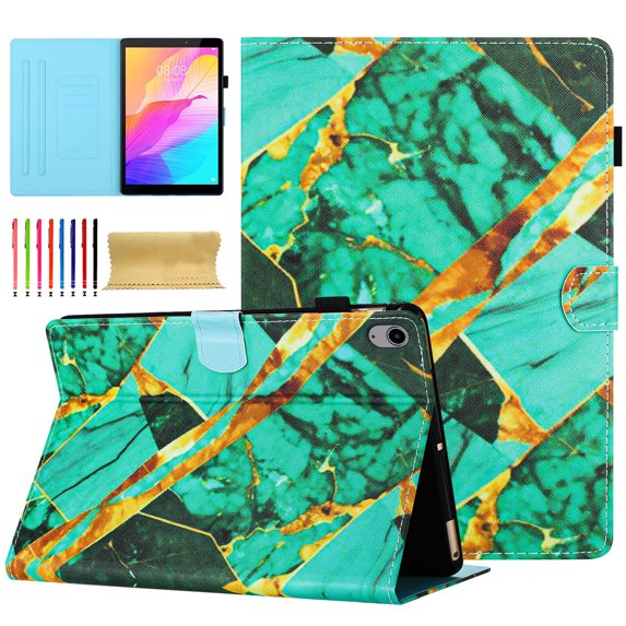 Case for iPad (A16) 11th Gen 2025 / iPad 10th Gen 2022, Marble Pattern PU Leather Cover Case with Pencil Holder & Card Slots, Multi-Angle Viewing Stand with Auto Sleep / Wake - Gold/Green