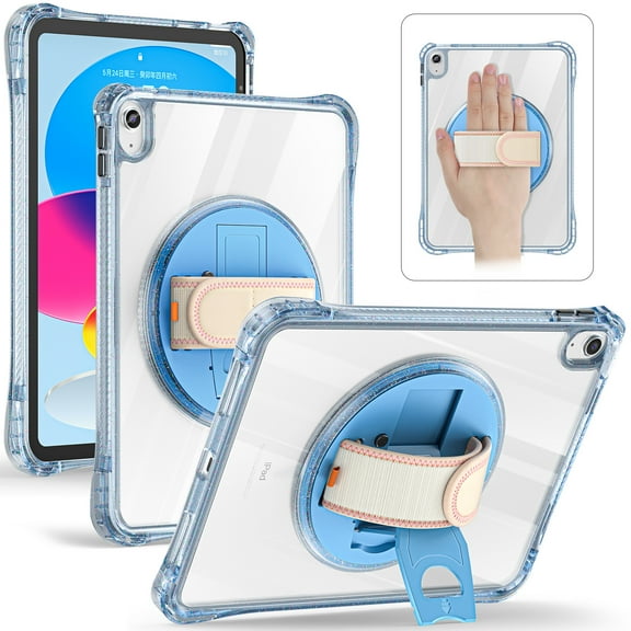 Case for iPad 10th Generation 10.9 Inch 2022 Shockproof Rugged Protective Clear Back Case with 360 Degree Rotating Hand Strap/Ring Stand/Carry Shoulder Strap Kids Friendly Cover, Lightblue
