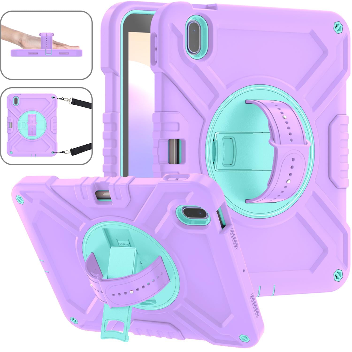 Case for iPad 11th Generation 2025 11-inch/10th Generation 2022 10.9-inch, Heavy Duty Military Grade Shockproof Rugged Protective Cover with Built-in Stand/Pencil Holder Shoulder Strap, Purple Green