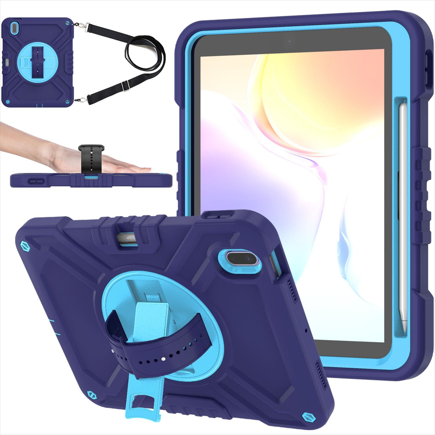 Case for iPad 11th Generation 2025 11-inch/10th Generation 2022 10.9-inch, Heavy Duty Military Grade Shockproof Rugged Protective Cover with Built-in Stand/Pencil Holder Shoulder Strap, Navy Blue