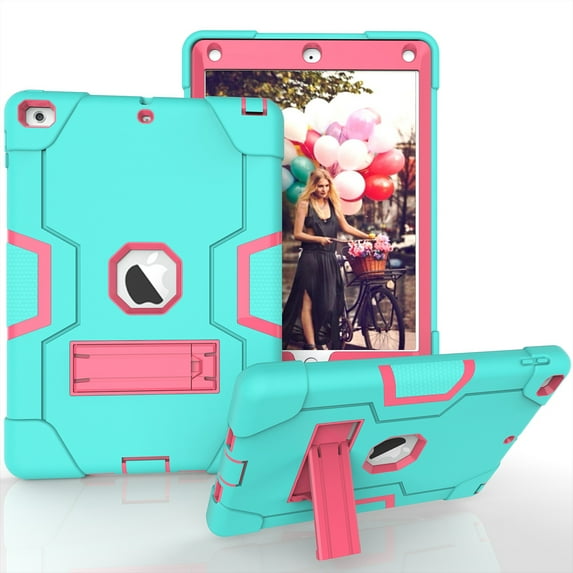 Case for iPad 2nd 3rd 4th Gen, Kickstand Shockproof Kids Proof Case Heavy Duty High Impact Resistant Hybrid Three Layer Rugged Defender Full Body Protection Case, Mint+Rose