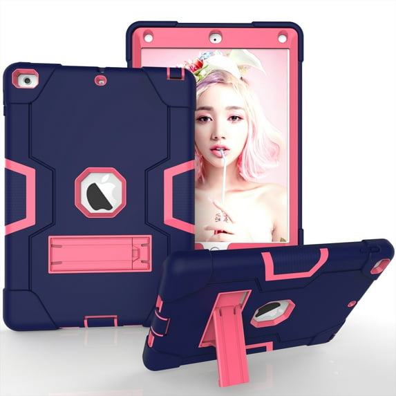 Case for iPad 2nd 3rd 4th Gen, Kickstand Shockproof Kids Proof Case Heavy Duty High Impact Resistant Hybrid Three Layer Rugged Defender Full Body Protection Case, Blue+Rose