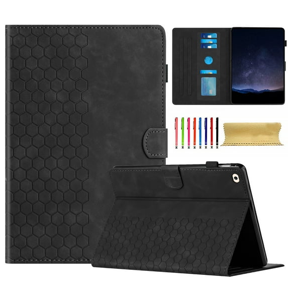 Case for iPad 5th/6th/9.7 2017/2018, Embossed PU Leather Cover Flip with Smart Auto Wake / Sleep Stand Function Pencil Holder and Card Slots & Footgrip for iPad 5th/6th/9.7 2017/2018 Case, Black