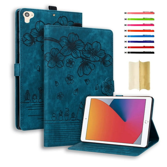 Case for iPad 5th Gen 9.7" 2017/6th Gen 9.7" 2018/Pro 9.7" 2016, Embossed PU Leather Anti-slip Folio Stand Cover with Card Holder & Pen Holder & Auto Sleep / Wake for iPad 9.7 Inch - Blue
