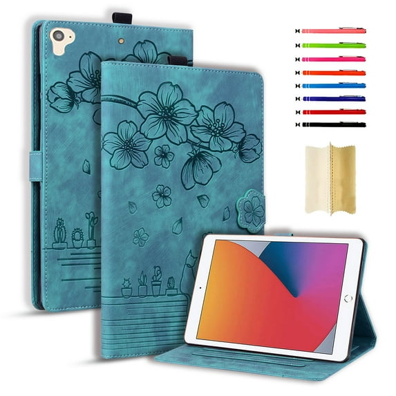 Case for iPad 5th Gen 9.7" 2017/6th Gen 9.7" 2018/Pro 9.7" 2016, Embossed PU Leather Anti-slip Folio Stand Cover with Card Holder & Pen Holder & Auto Sleep / Wake for iPad 9.7 Inch - Green