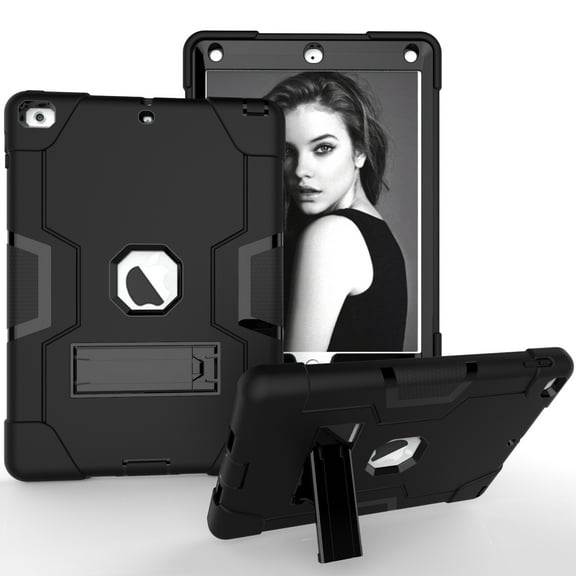 Case for iPad 6th 2018 / 5th 2017, Kickstand Shockproof Kids Proof Case Heavy Duty High Impact Resistant Hybrid Three Layer Rugged Defender Full Body Protection Case, Black