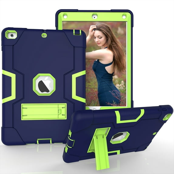 Case for iPad 6th 2018 / 5th 2017, Kickstand Shockproof Kids Proof Case Heavy Duty High Impact Resistant Hybrid Three Layer Rugged Defender Full Body Protection Case, Blue+Verdant