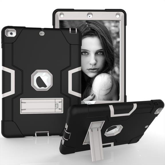 Case for iPad 6th 2018 / 5th 2017, Kickstand Shockproof Kids Proof Case Heavy Duty High Impact Resistant Hybrid Three Layer Rugged Defender Full Body Protection Case, Black+Gray