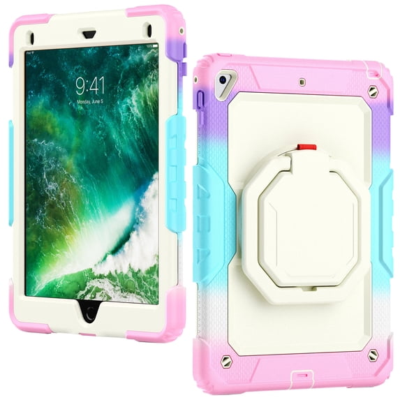 Case for iPad 6th/5th Gen (2018 2017)/iPad Air 2/iPad Pro 9.7 inch, 360 Rotating Stand Handle Shoulder Strap Heavy Duty Shockproof Cover, Rainbow Pink