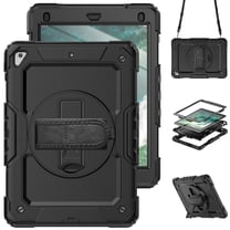Case for iPad 6th / 5th Gen (2018 2017) / iPad Air 2 / iPad Pro 9.7 inch with Screen Protector, 360 Degree Rotating Kickstand Hand Strap Shockproof Cover with Shoulder Strap, Black