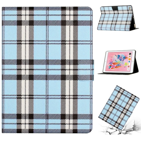 Case for iPad 6th Generation, Plaid Design Cute Stylish Shockproof Cover with Kickstand Magnetic Flip Folio Case for iPad 6th Generation 9.7 inch,Blue