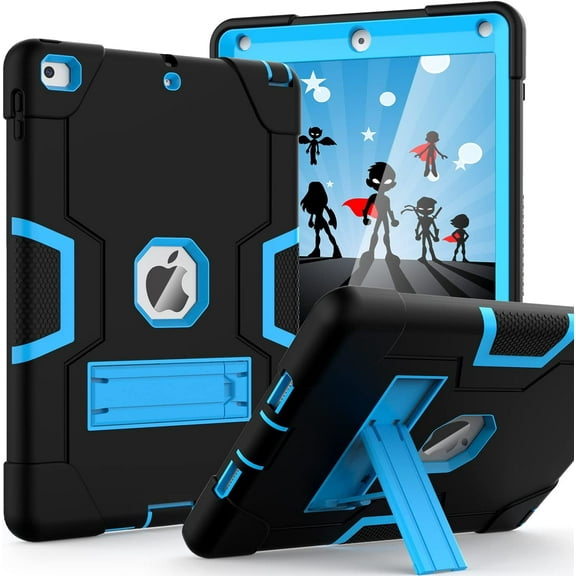 Case for iPad 6th Generation/iPad 5th Generation (9.7-inch, 2018/2017 Model), iPad Air 2 Case, Hybrid Shockproof Rugged Protective Cover for iPad 9.7 inch with Built-in Kickstand, Black+Blue