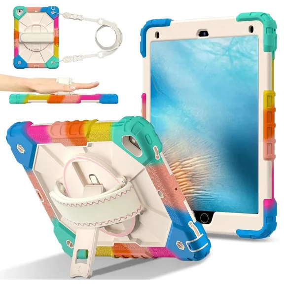 Case for iPad 9.7 Inch 2018 2017 6th/5th Generation/iPad Pro 9.7/Air 2 with Rotating Stand Pencil Holder Hand/Shoulder Strap, Heavy Duty Shockproof Protective Cover