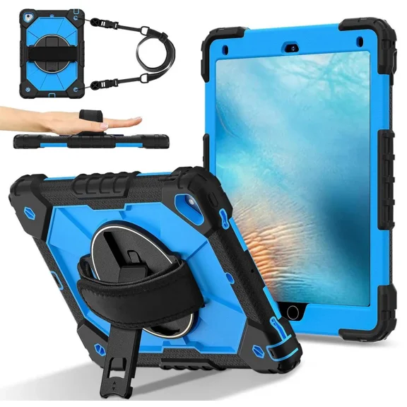 Case for iPad 9.7 Inch 2018 2017 6th/5th Generation/iPad Pro 9.7/Air 2 with Rotating Stand Pencil Holder Hand/Shoulder Strap, Heavy Duty Shockproof Protective Cover