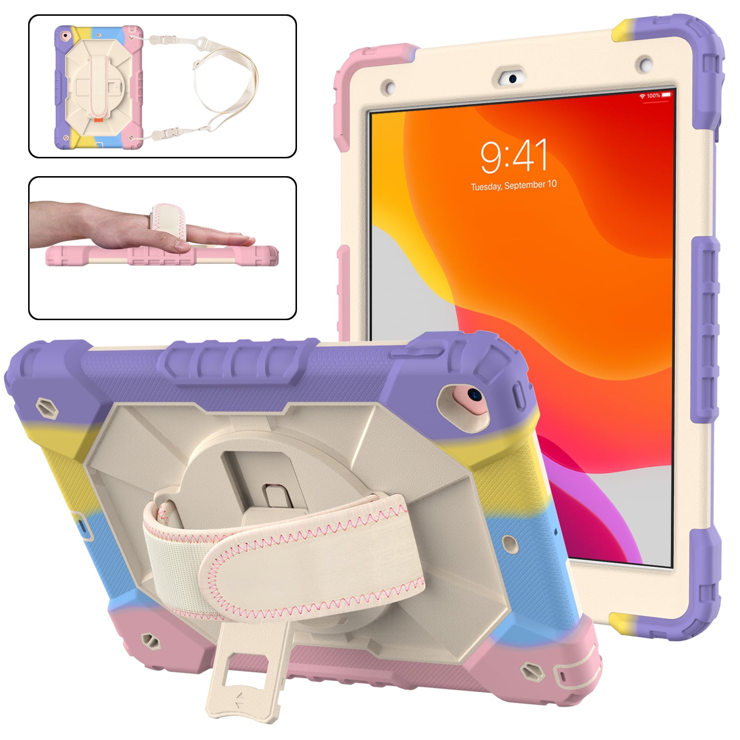 Case for iPad 9.7-inch 2018/2017, iPad Air 2 Case, iPad Pro 9.7 Cover, Kids Shockproof Rugged Hybrid 360 Rotating Stand Cover with Hand Shoulder Strap/Pencil Holder