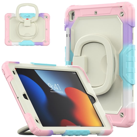 Case for iPad 9th 8th 7th Gen 10.2 inch 2021 2020 2019, 360 Rotating Stand Handle Pencil Holder Shoulder Strap Heavy Duty Shockproof Cover, Rainbow Pink